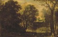 An extensive river landscape with sportsmen shooting duck - Maerten Ryckaert