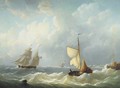 Dutch sailing vessels on choppy waters by a jetty - Martinus Schouman