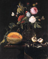 Roses, an iris and other flowers in a glass vase, a melon and a peach with butterflies on a draped marble table - Marten Nellius