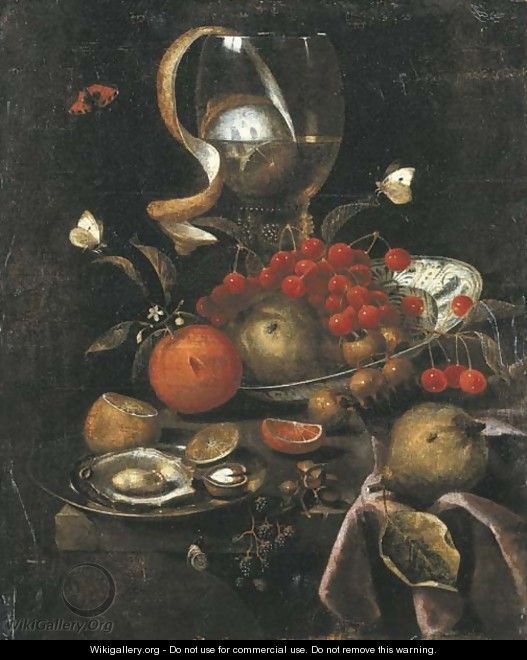 A partly-peeled lemon in a giant roemer, a Wan-li dish with cherries, apples and oranges, and a pewter plate with oysters and a walnut, with a pear - Marten Nellius