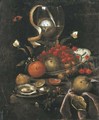 A partly-peeled lemon in a giant roemer, a Wan-li dish with cherries, apples and oranges, and a pewter plate with oysters and a walnut, with a pear - Marten Nellius