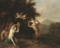 A wooded landscape with satyrs and a nymph dancing - Martinus De La Court