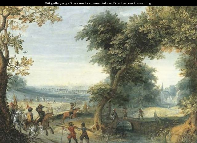 A wooded landscape with a cavalry skirmish, a city beyond - Mattheus Adolfsz Molanus