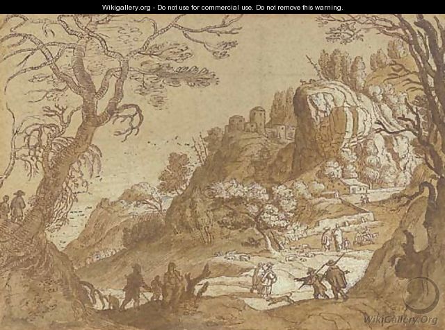 An extensive mountain landscape seen through trees, with peasants and their flocks and travellers on a road beyond - Matthäus the Elder Merian
