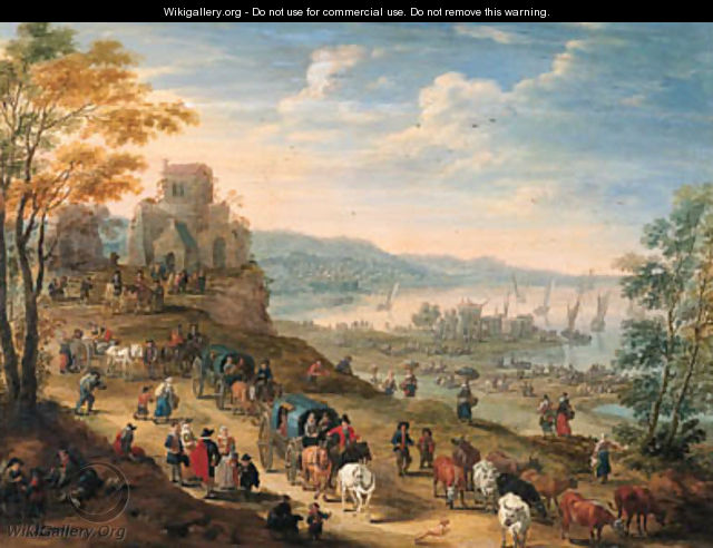 A coastal scene with drovers and their herds and travellers in horse-drawn carts on a path, a harbour with shipping beyond - Mathys Schoevaerdts