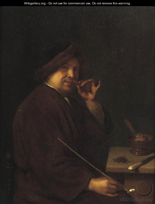 A young man seated at a table holding a cigar in one hand and a pipe in the other; an Allegory of Smell - Mathijs Wulfraet