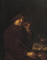 A young man seated at a table holding a cigar in one hand and a pipe in the other; an Allegory of Smell - Mathijs Wulfraet