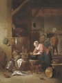 A tavern interior with a woman cleaning a cauldron and three boors drinking in front of an open fire beyond - Matheus van Helmont