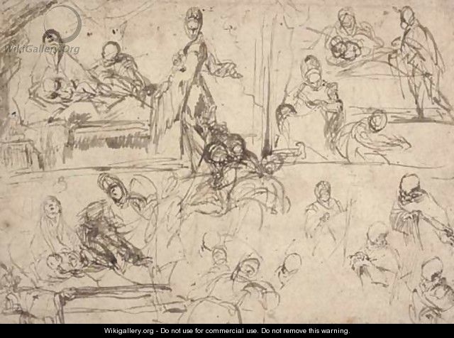 Three studies for the Birth of the Virgin with subsidiary studies of the principal figures - Massimo Stanzione