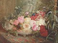 Roses on a silver platter on an oriental rug - Mary Vernon