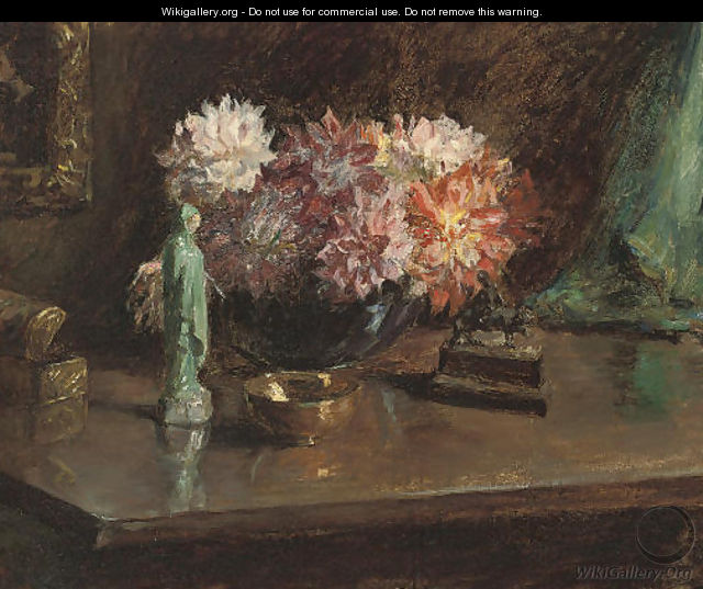 Chrysanthemums and figurines, on a table - Maud Stanhope Forbes