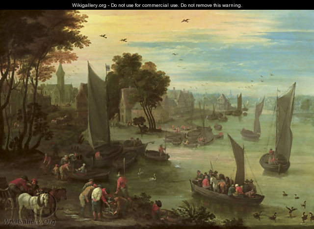 A river landscape with numerous figures in sailing boats, fishermen gathered around their catch in the foreground, a town beyond - Mathys Schoevaerdts
