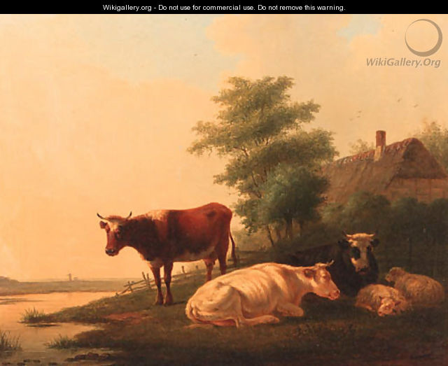Cattle and sheep on a riverbank by a farmhouse - Matthijs Quispel