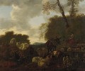 Shepherds and their flock by a well in an Italianate landscape - Mathias Withoos