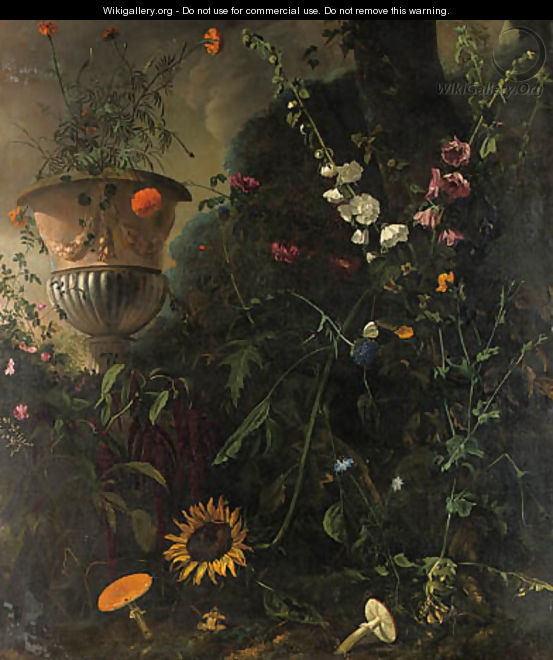 Hollyhocks, Roses, a Blue-lace Flower, a Sunflower and Toadstools, with Marigolds in an Urn by a Tree - Mathias Withoos