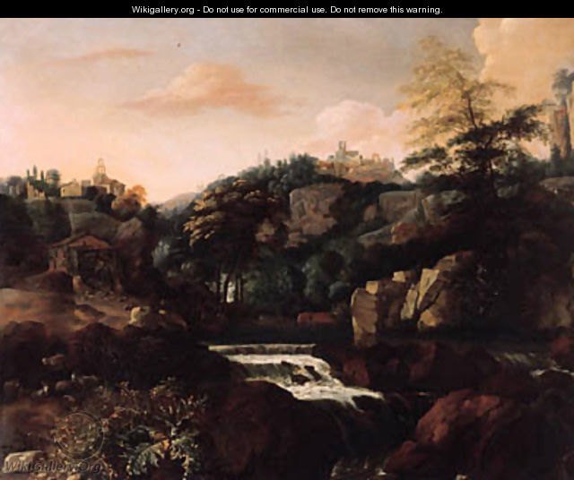 Goats and sheep by a waterfall beneath a village in an Italianate landscape - Mathias Withoos