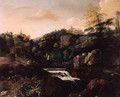 Goats and sheep by a waterfall beneath a village in an Italianate landscape - Mathias Withoos