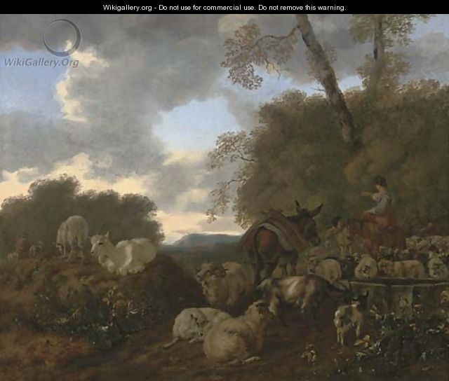 An Italianate landscape with a herdsman with his flock and donkey and a woman on a horse - Mathias Withoos