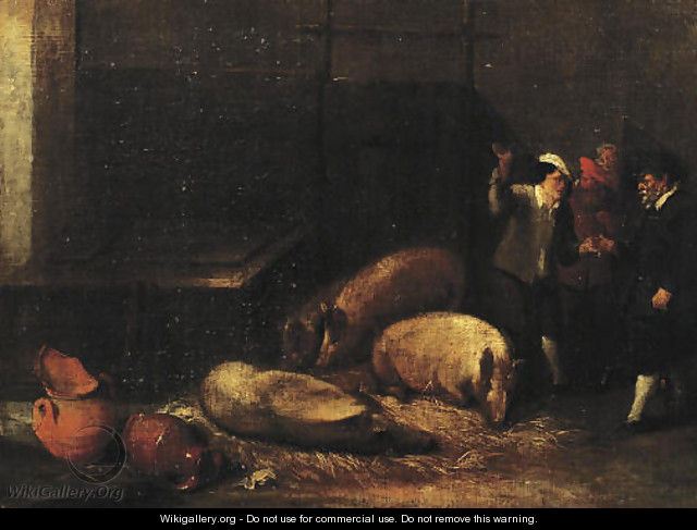 A gentleman and a peasant making a deal on the sale of a pig in a pigsty - Matheus van Helmont