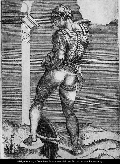 Soldier attaching his Breeches to his Breastplate, after Michelangelo - Marcantonio Raimondi