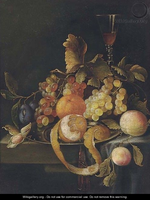 Still life of oranges, grapes, peaches, plums and a glass of wine on a stone ledge - (after) William Sartorius