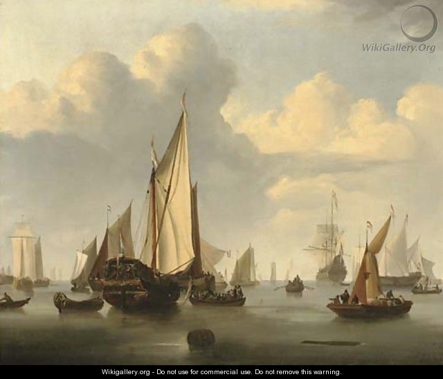 A States Yacht in a calm with a Dutch three-master and other boats - (after) Willem Van De, The Younger Velde