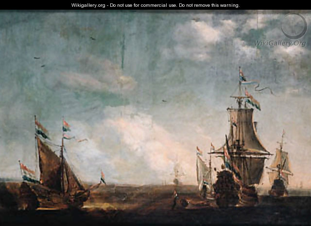 A calm an Amsterdam man-of-war with a state yacht at sea, other shipping nearby - (after) Willem Van De, The Younger Velde
