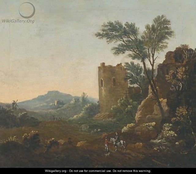 An Italianate landscape with travellers on a track, a ruined castle beyond - (after) Willem De Heusch