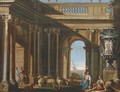 An architectural capriccio with figures conversing by a classical Roman vase - Domenico (Micco Spadaro) Gargiulo