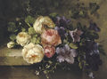 Bouquet de roses et de mauves sur une tablette a mixed bouquet on a ledge - Margaretha Roosenboom