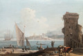 An extensive view of an port with a tower in the foreground, a fort beyond - Marco Ricci