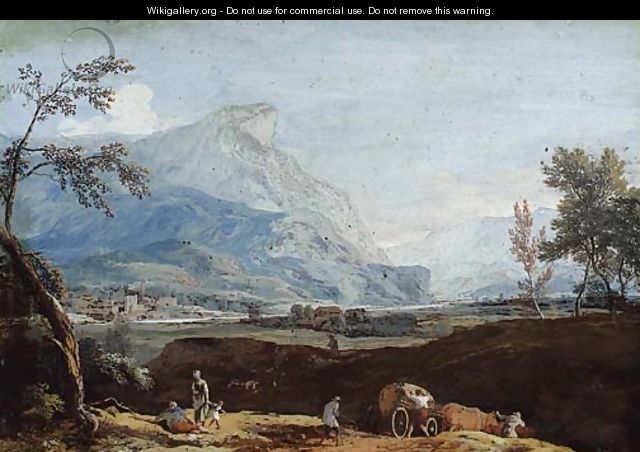 An extensive mountain landscape with peasants and a waggon - Marco Ricci