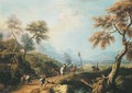 A wooded landscape, with gentlemen in a carriage on a road in the foreground, a valley beyond - Marco Ricci