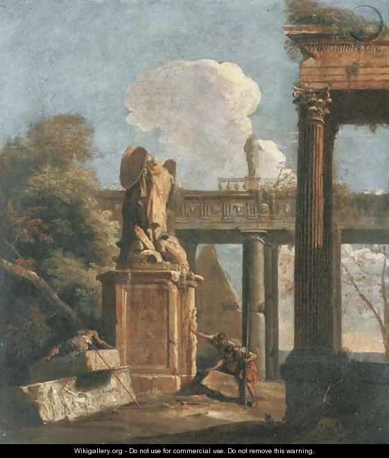 A capriccio of Roman ruins with soldiers beside the Statue of Marius - Marco Ricci