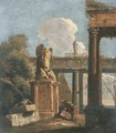 A capriccio of Roman ruins with soldiers beside the Statue of Marius - Marco Ricci