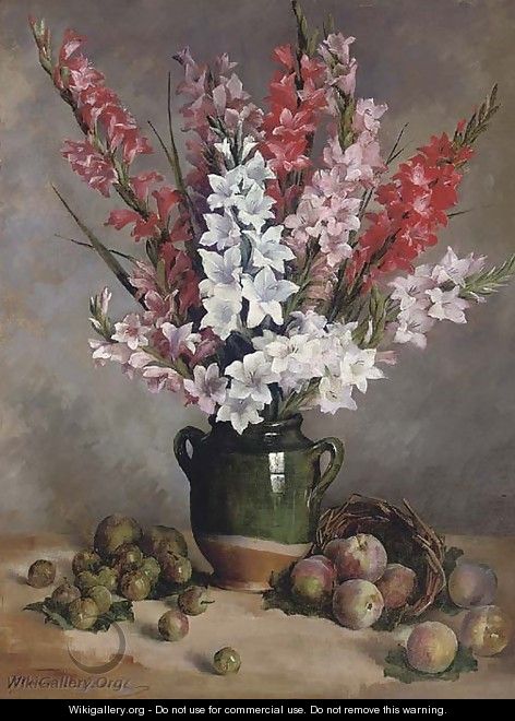 Gladioli in an earthenware ewer with peaches and plums - Marie Dubreuil