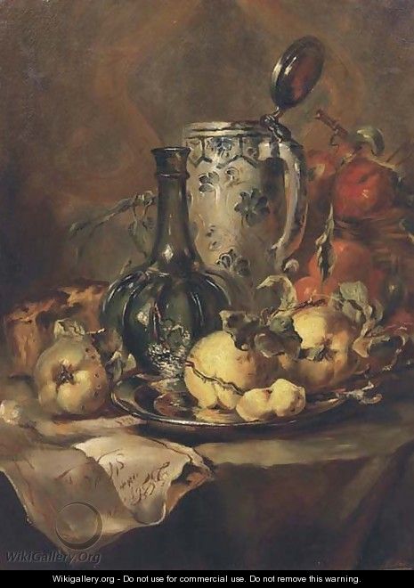 Quince pears on a silver plate with a glass bottle and earthenware tankard - Maria Vos