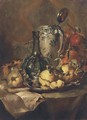 Quince pears on a silver plate with a glass bottle and earthenware tankard - Maria Vos