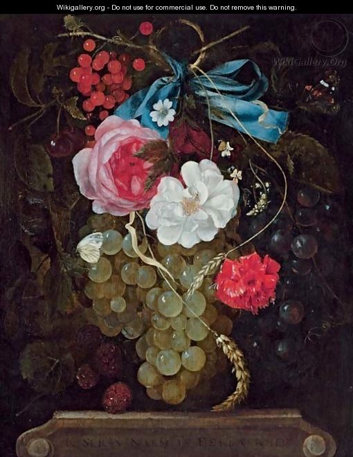 A carnation, roses, grapes, redcurrants and berries hanging from a blue ribbon, with butterflies, above an entablature - Maria van Oosterwyck