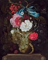 A carnation, roses, grapes, redcurrants and berries hanging from a blue ribbon, with butterflies, above an entablature - Maria van Oosterwyck