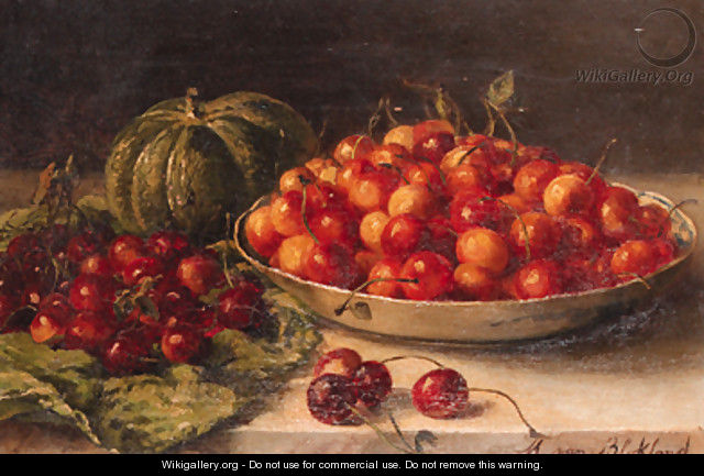 Still life with cherries and a pumpkin on a table - Maria Johanna Jacoba Gerardina Beelaerts Van Blokland