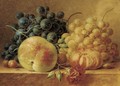 Grapes, a peach, a tomato, a carnation and nuts on a marble ledge - Maria Gertrude Goeje-Barbiers