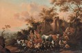 An Italianate landscape with peasants among cows, goats and sheep near a ruin - Nicolaes Berchem