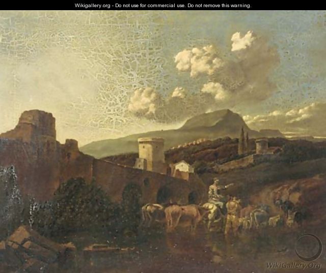An Italianate landscape with drovers and their cattle fording a river - (after) Nicolaes Berchem