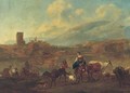 An Italianate landscape with cattle, drovers and travellers crossing a ford, a village beyond - (after) Nicolaes Berchem