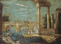 A capriccio of classical ruins and a bridge by a harbour - (after) Michele Marieschi