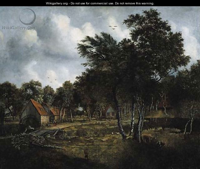 Peasants on a track by a watermill in a wooded landscape - (after) Meindert Hobbema