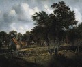 Peasants on a track by a watermill in a wooded landscape - (after) Meindert Hobbema