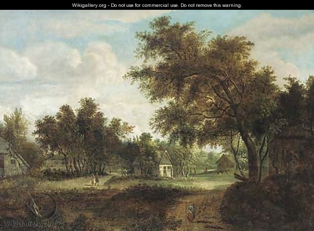A wooded village landscape with peasants on a track - (after) Meindert Hobbema