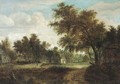 A wooded village landscape with peasants on a track - (after) Meindert Hobbema